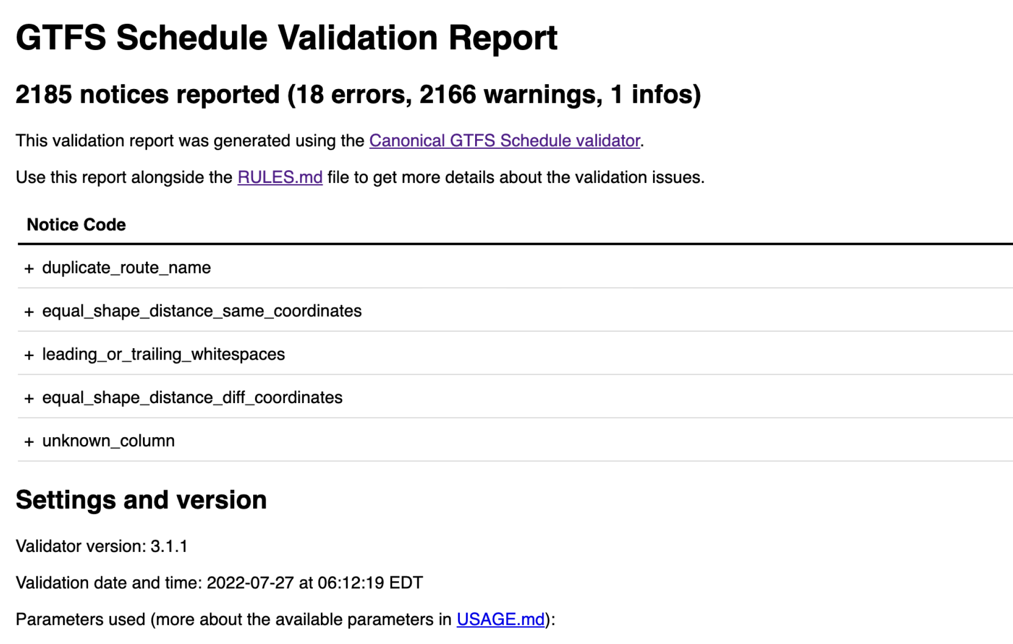 display of GTFS validation report with errors