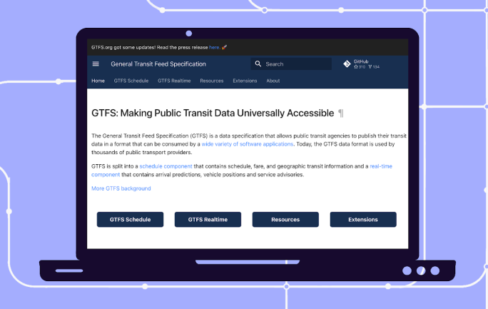 computer displays homepage of gtfs.org with purple background